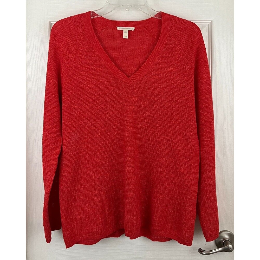 EILEEN FISHER - Red Long Sleeve VNeck Organic Cotton/Linen Blend Tunic Sweater M